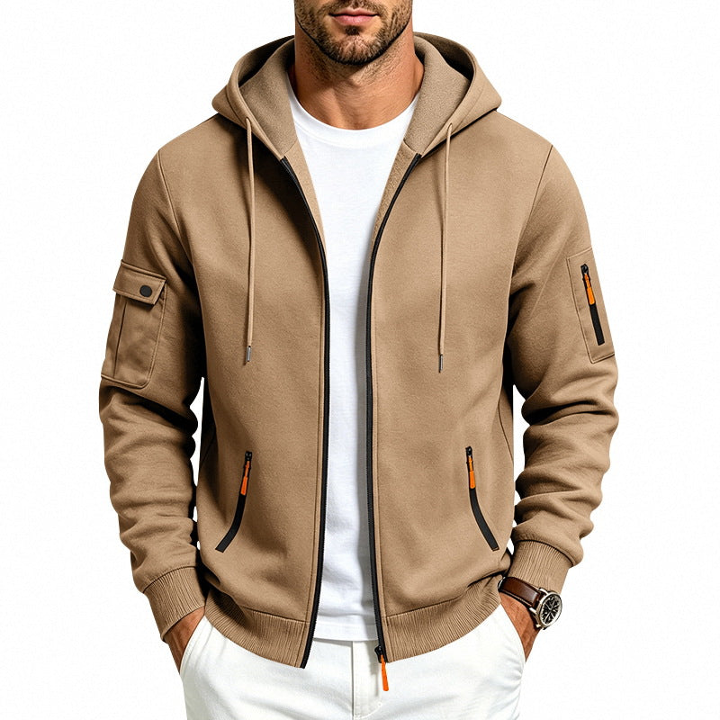 Men's Hooded Zipper Jacket with Arm Pockets, Contrast Zipper and Ribbed Cuffs Mune Fashion