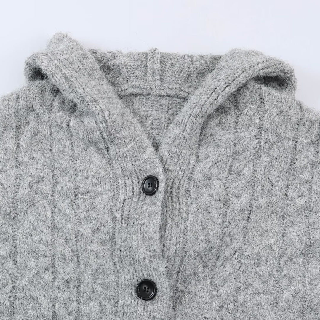 Women's Long Knitted Hooded Cardigan with Cable Pattern and Button Placket Mune Fashion
