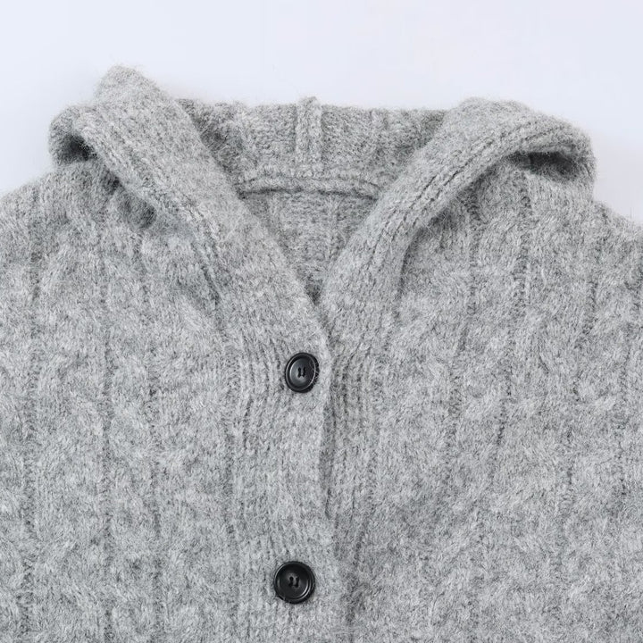 Women's Long Knitted Hooded Cardigan with Cable Pattern and Button Placket Mune Fashion