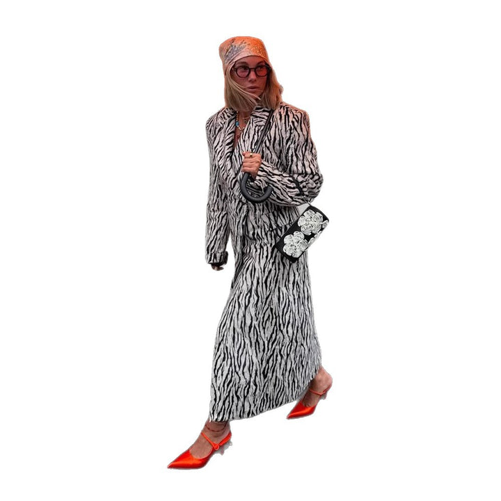 Women's Two-Piece Zebra Pattern Coat and Mini Skirt Set made of Textured Woven Fabric Mune Fashion