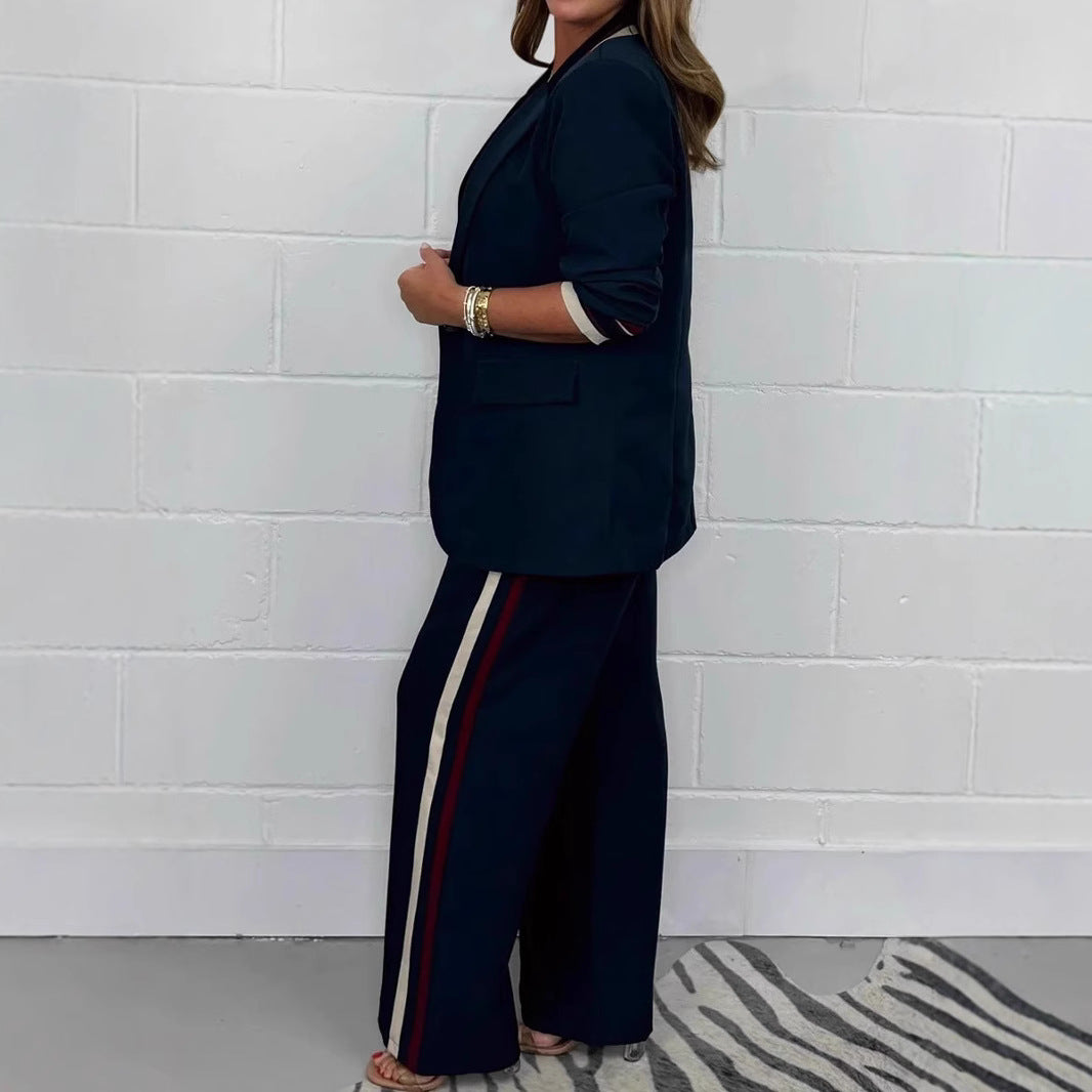 Women's fitted long blazer pant set with crease, wide leg and side piping Mune Fashion