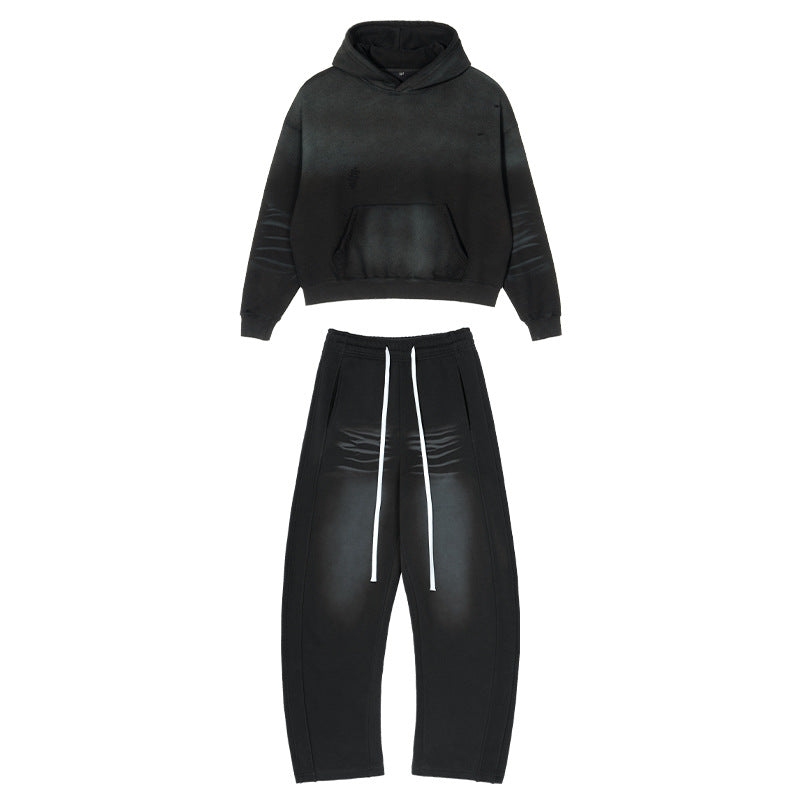 Men's Loose Distressed Sweatset with Cropped Hoodie and Baggy Jogging Pants Mune Fashion