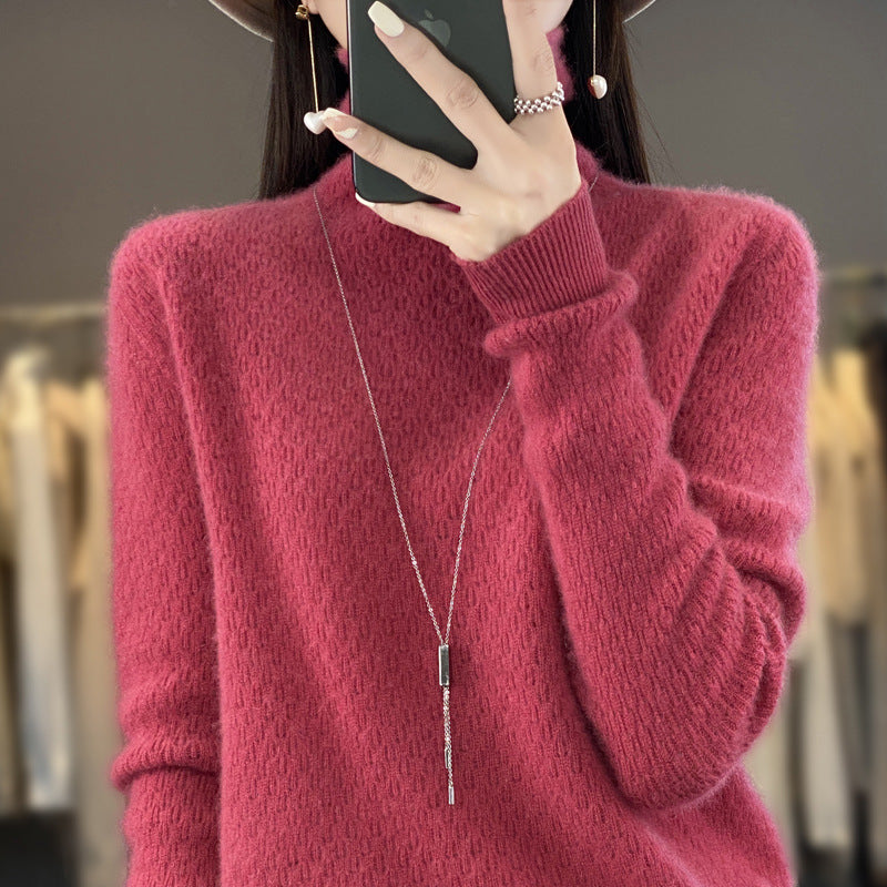 Women's soft fine-knit mock neck sweater with fluffy mohair look, delicate honeycomb structure and casual oversized fit Mune Fashion