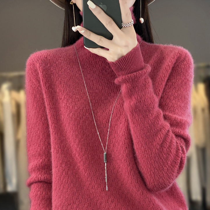 Women's soft fine-knit mock neck sweater with fluffy mohair look, delicate honeycomb structure and casual oversized fit Mune Fashion