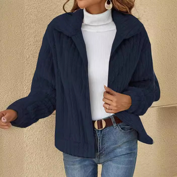 Ladies' fluffy teddy jacket with full-length zipper, stand-up collar, and front pockets Mune Fashion