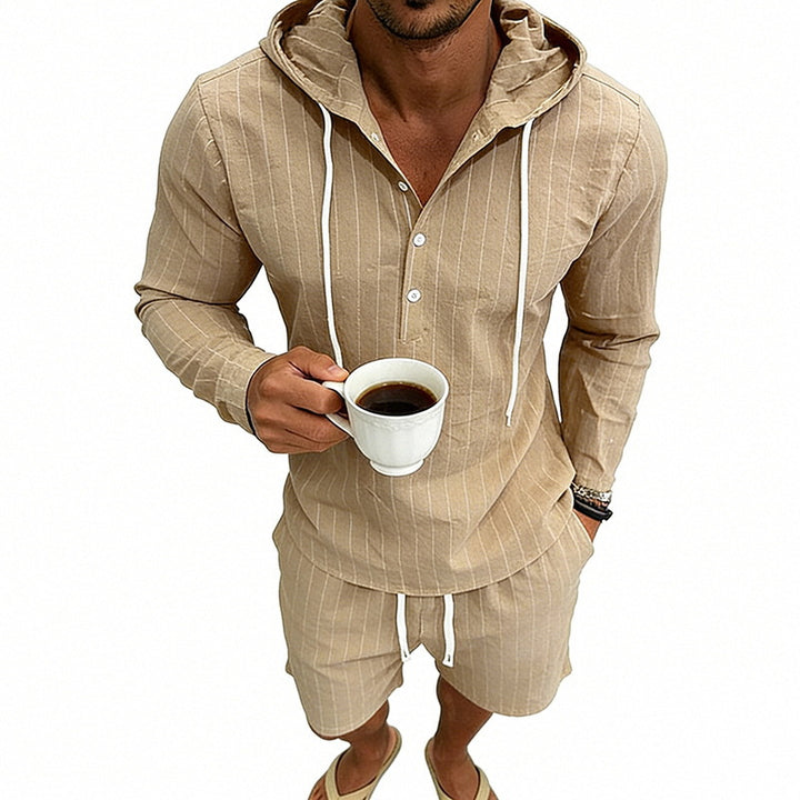 Men's striped linen-look hooded Henley set with drawstring shorts Mune Fashion