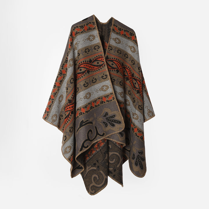 Women's Feel-Good Cape with Folkloric Jacquard Pattern, Open Front and Contrasted Overlock Stitch