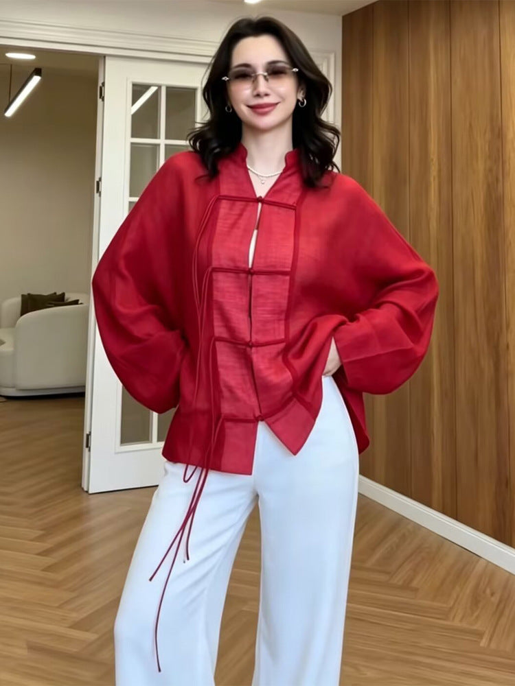 Women's Linen Kimono Jacket with Wide Sleeves, Decorative Knot Grid & Adjustable Belt Mune Fashion
