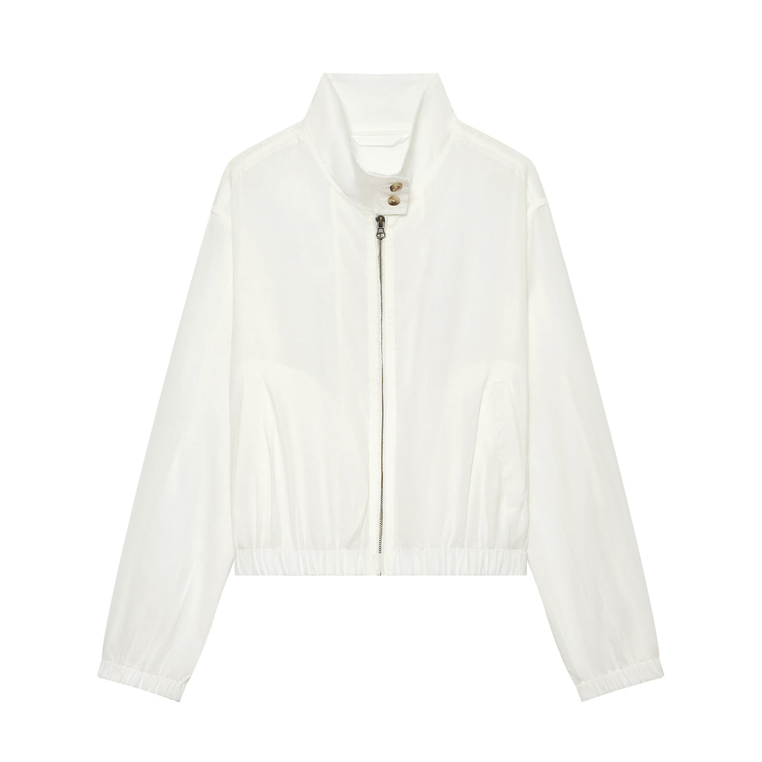 Women's lightweight bomber jacket with high stand-up collar, zipper, front pockets, and elastic hem Mune Fashion