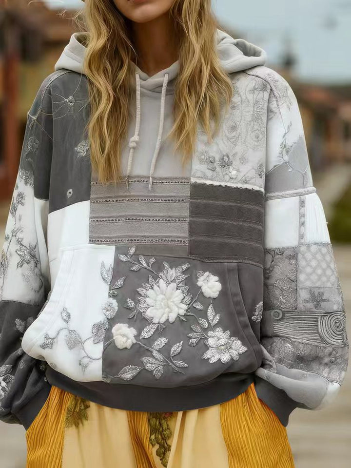 Women's Embroidered Patchwork Hoodie with Flower Applique and Kangaroo Pocket Mune Fashion