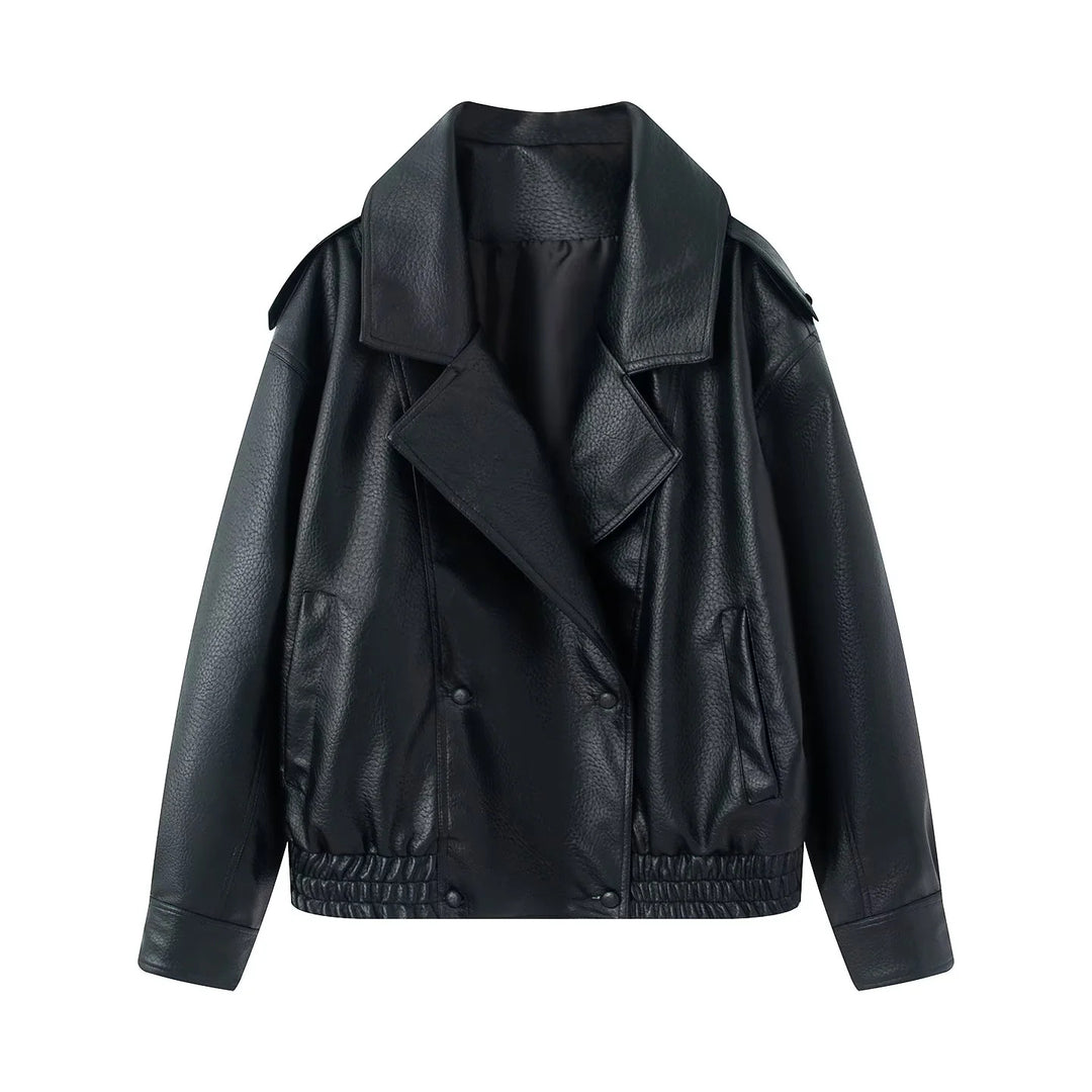 Women's cropped double-breasted faux leather blouson with wide collar and elastic hem Mune Fashion