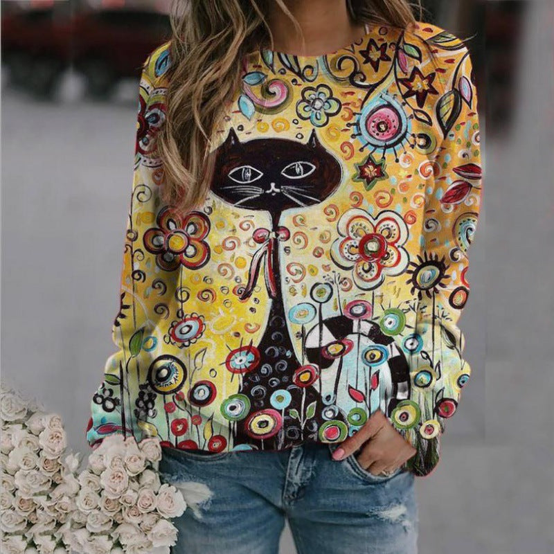 Women Oversized Sweatshirt with Artistic Cat Print and Floral Pattern Mune Fashion