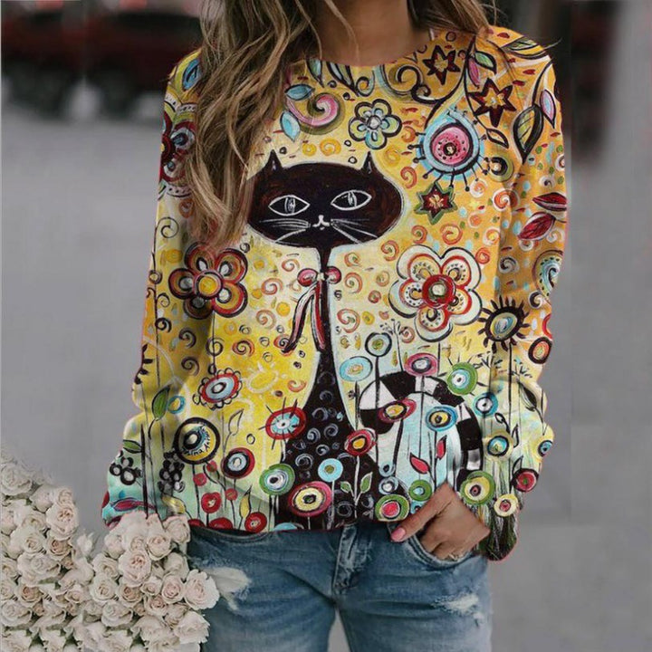 Women Oversized Sweatshirt with Artistic Cat Print and Floral Pattern Mune Fashion