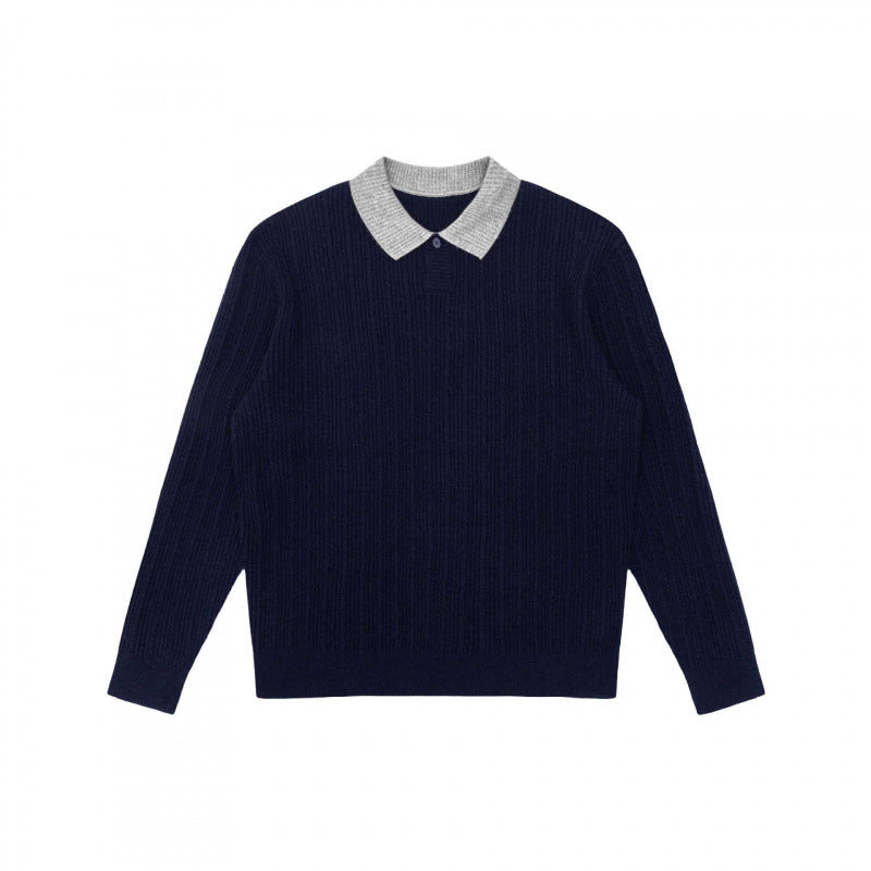 Men's Long-Sleeved Polo Sweater made of fine rib knit with contrasting collar Mune Fashion