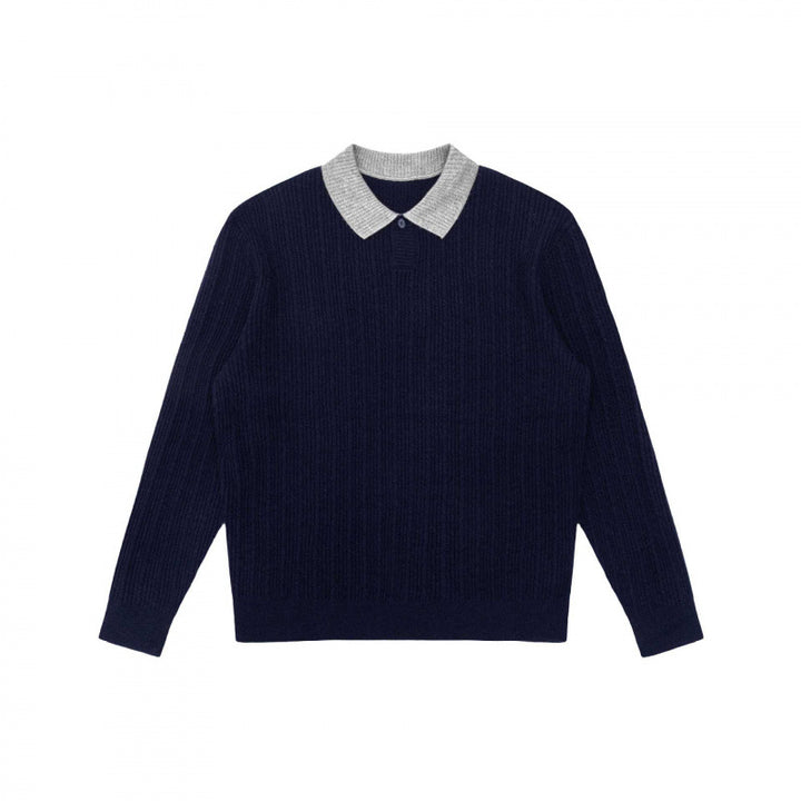 Men's Long-Sleeved Polo Sweater made of fine rib knit with contrasting collar Mune Fashion