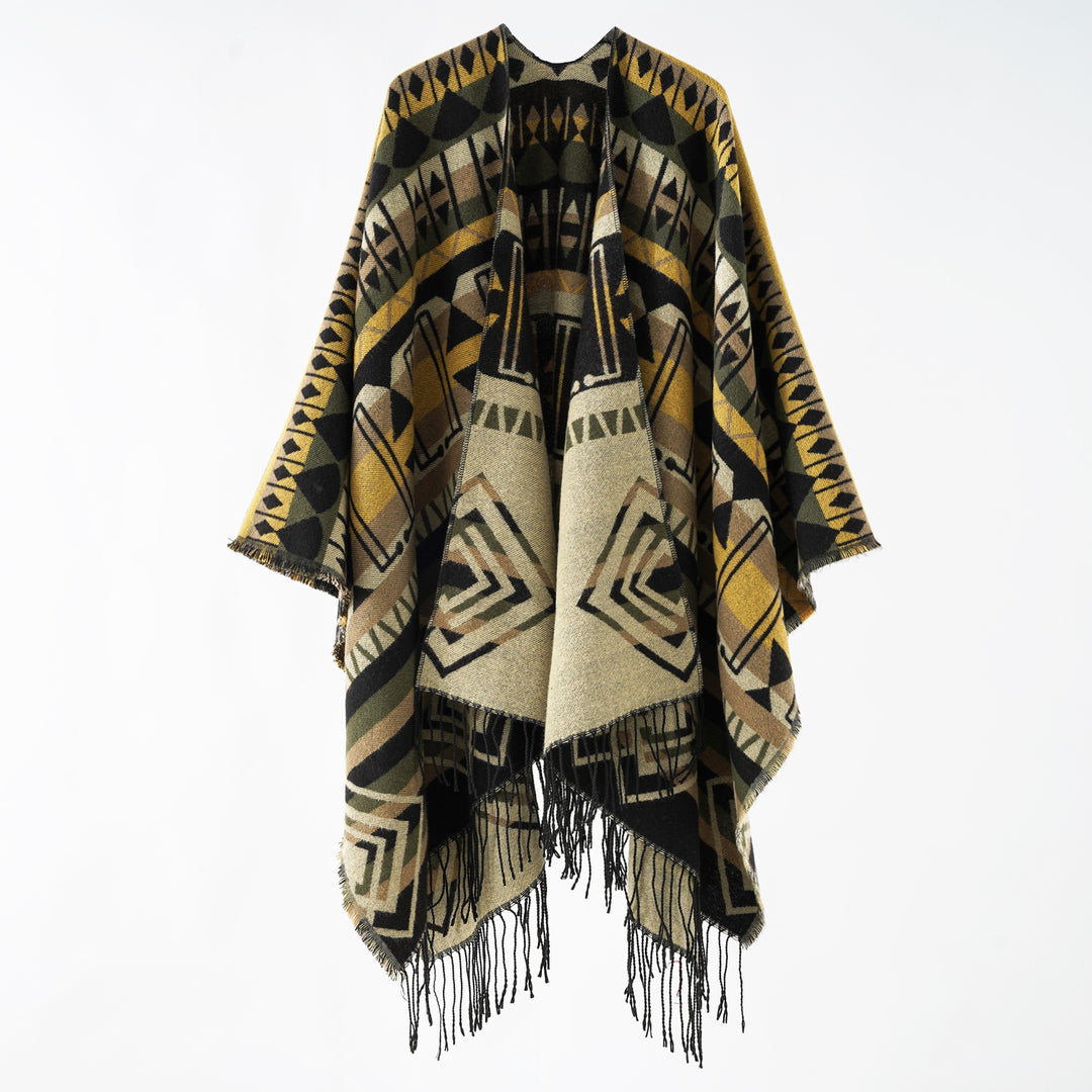 Women Woven Fringe Poncho with Ethno-Jacquard and Oversized Drop Mune Fashion