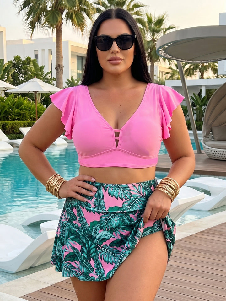 Women's bikini top with elegant wrap detail and floral under skirt Mune Fashion