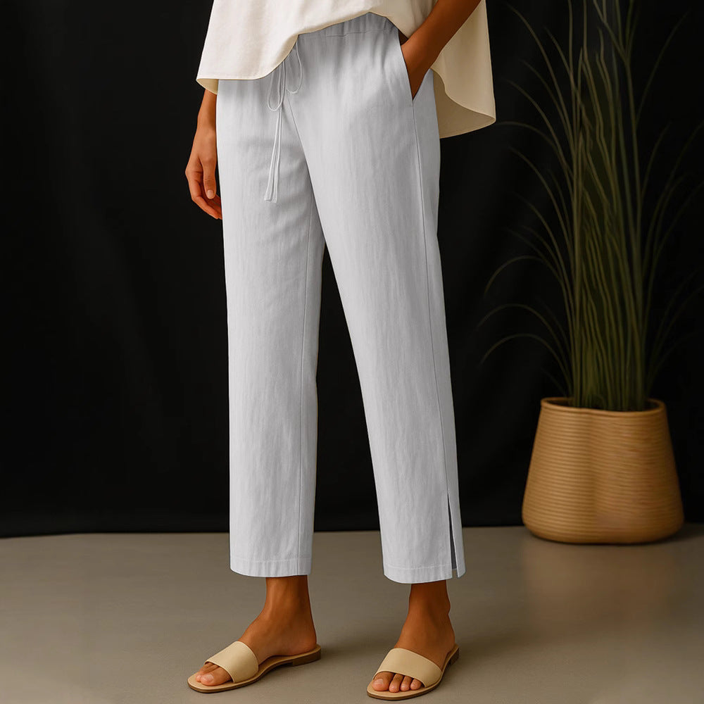 Women's Casual Chino Linen Look Culotte with Elastic Drawstring Waist and Side Pockets Mune Fashion