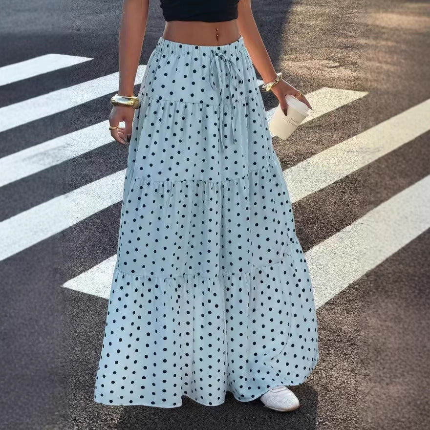 Women Striped Maxi Skirt with Elastic Waistband and Polka Dot Pattern Mune Fashion