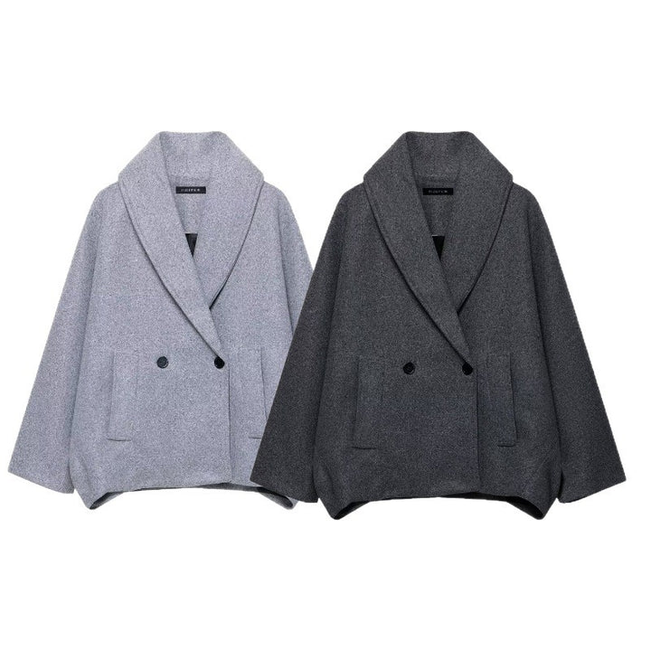Women Boxy Wool Blend Cape Coat with Wide Shawl Collar and Double Button Placket Mune Fashion