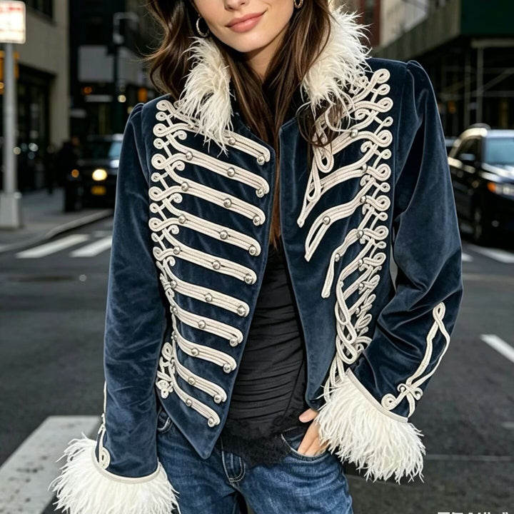 Women's Velvet Military Jacket with Feather Trim and Decorative Piping Mune Fashion