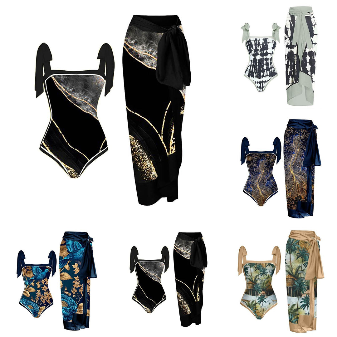 Women's One-Piece Swimsuit with Romantic Gatherings and Combined Wrap Skirt Mune Fashion