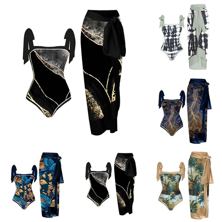 Women's One-Piece Swimsuit with Romantic Gatherings and Combined Wrap Skirt Mune Fashion