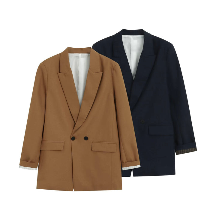 Women's Double-Breasted Long Blazer with Patch Pockets and Cuffed Sleeves Mune Fashion