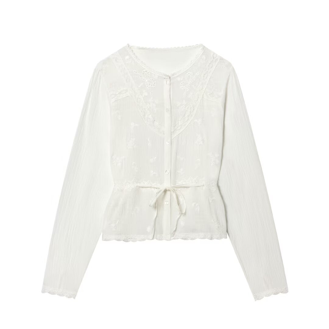 Women’s Light Embroidery Blouse with Lace Collar, Tie Waist and Button Placket Mune Fashion