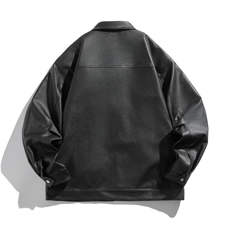 Men's short-cut boxy faux leather jacket with high collar and zipper chest pockets Mune Fashion