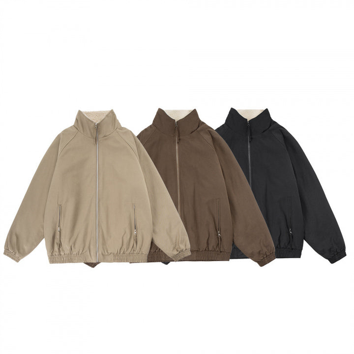 Men's Oversize Zip Jacket with Stand-up Collar, Teddy Fleece Lining and Elastic Hem Mune Fashion