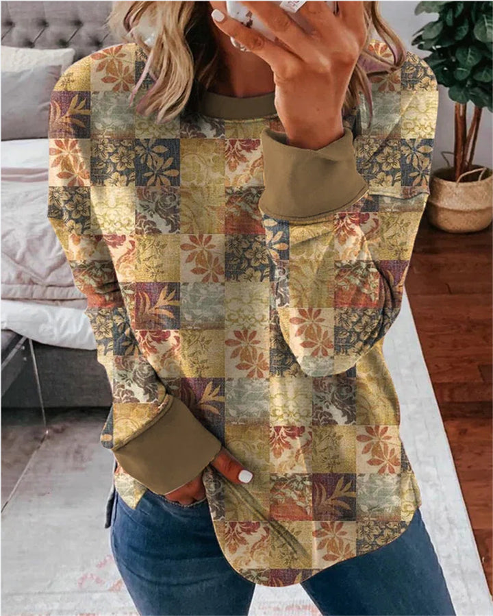 Women's long sleeve shirt in patchwork quilt design with soft round neck and contrasting cuffs Mune Fashion