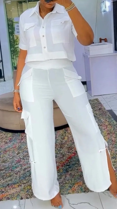 Women's two-piece shirt and cargo pants set with short oversized shirt, high waist, wide leg, and side leg slits Mune Fashion