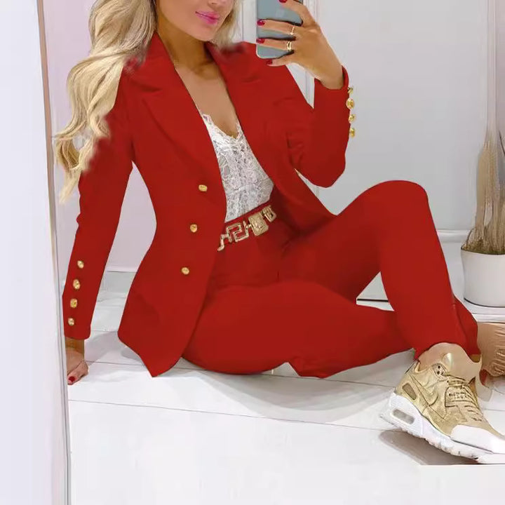 Women's fitted double-breasted blazer set with gold button detail and high-waisted slim pants Mune Fashion