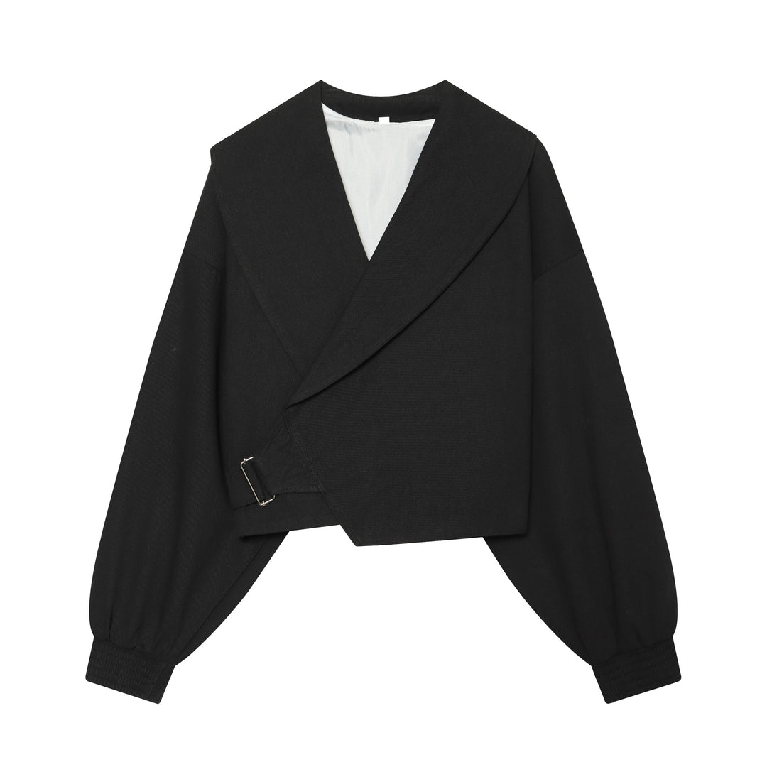 Women's short jacket with wide sailor collar, balloon sleeves, and asymmetrical buckle closure Mune Fashion