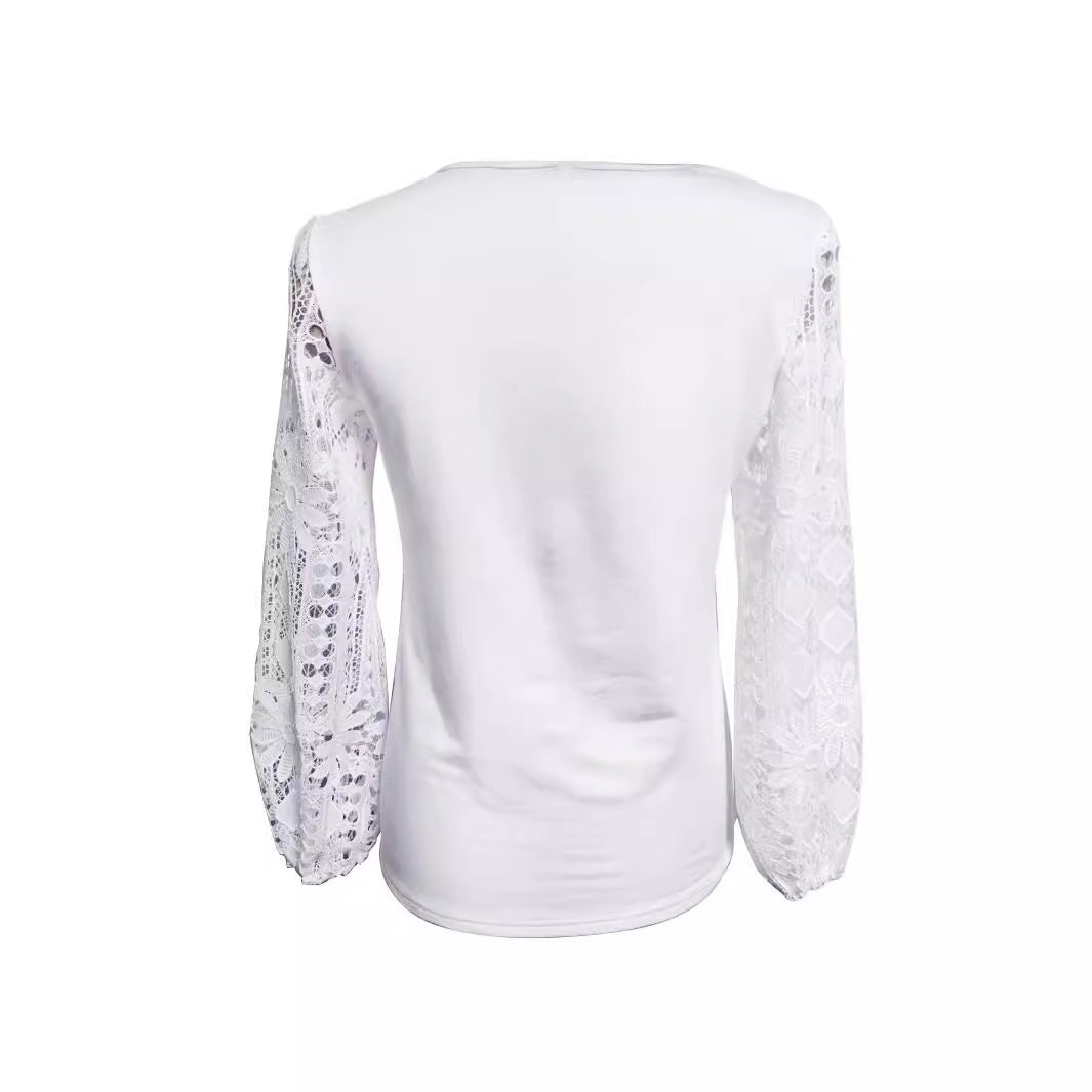 Ladies nan tunic top with asymmetrical waterfall yoke and floral lace balloon sleeves Mune Fashion