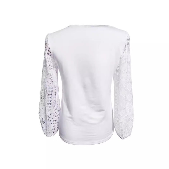 Ladies nan tunic top with asymmetrical waterfall yoke and floral lace balloon sleeves Mune Fashion