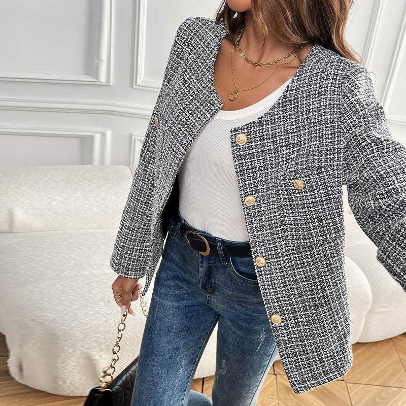 Women's Boucle Tweed Blazer with Round Neckline, Gold Decorative Buttons and Boxy Silhouette Mune Fashion