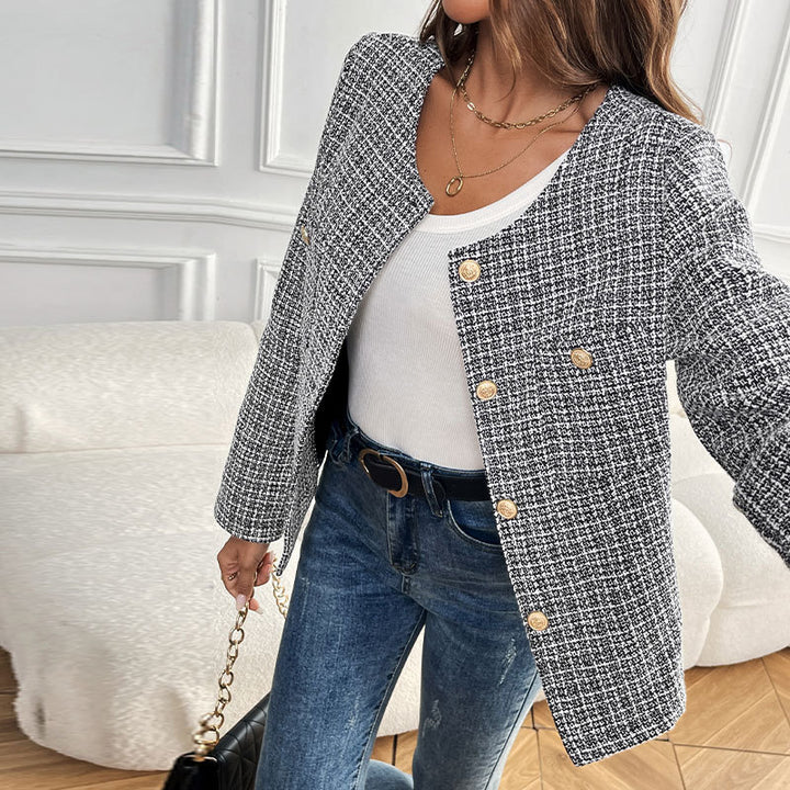Women's Boucle Tweed Blazer with Round Neckline, Gold Decorative Buttons and Boxy Silhouette Mune Fashion