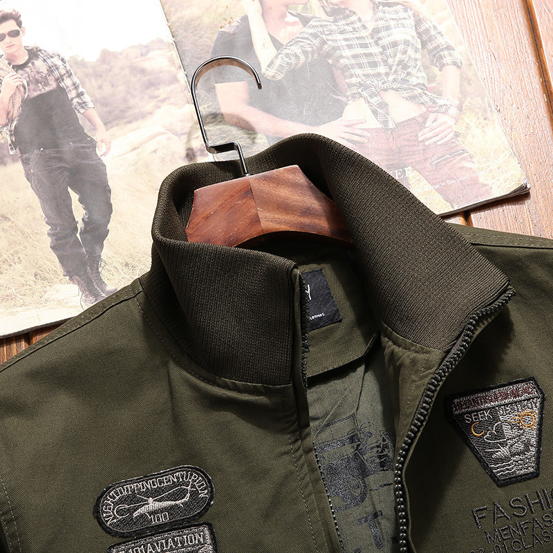 Men's Canvas Pilot Jacket with Embroidered Patches, Multiple Pockets, and Ribbed Cuffs Mune Fashion