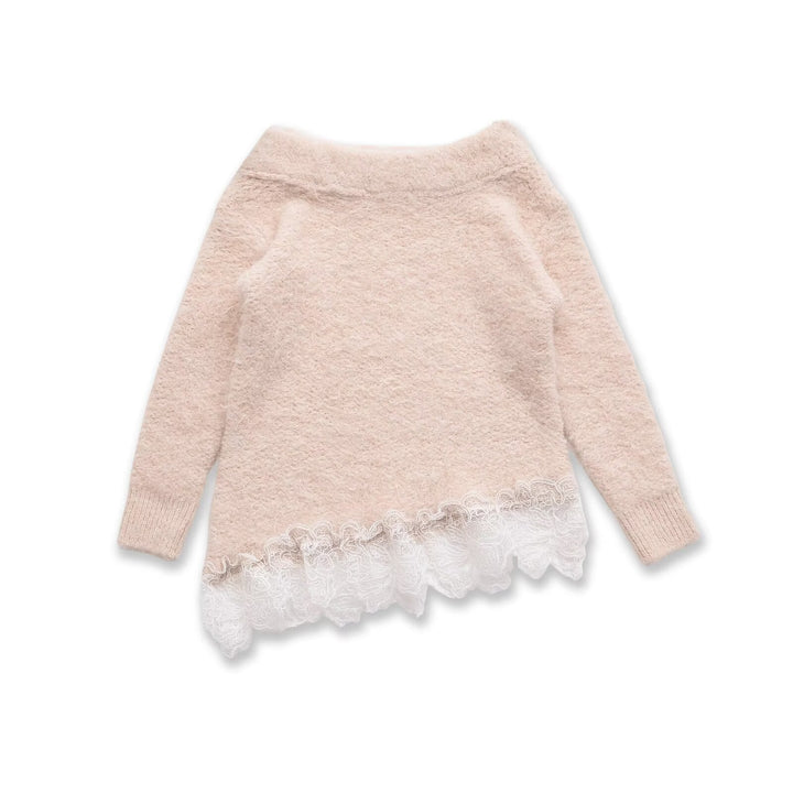 Women's Fuzzy Knit Sweater with Off-the-Shoulder Neckline and Lace Trim Mune Fashion