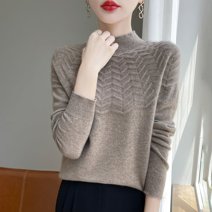 Women's Soft Fine Knit Mock Neck Sweater with Chevron Ajour and Cashmere Look Mune Fashion