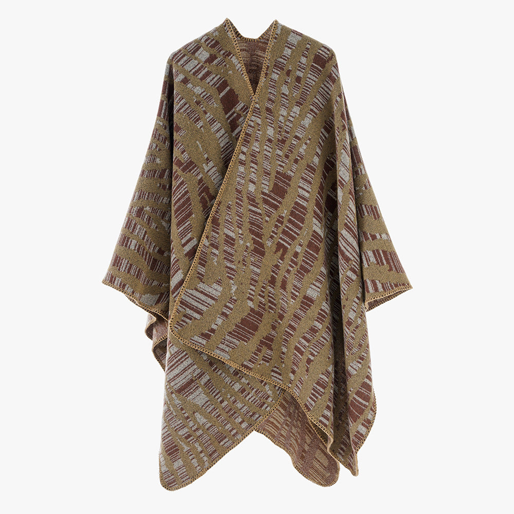 Ladies Rectangular Ruana-Overlay with Extravagant Animal-Jacquard and Open Draping Mune Fashion