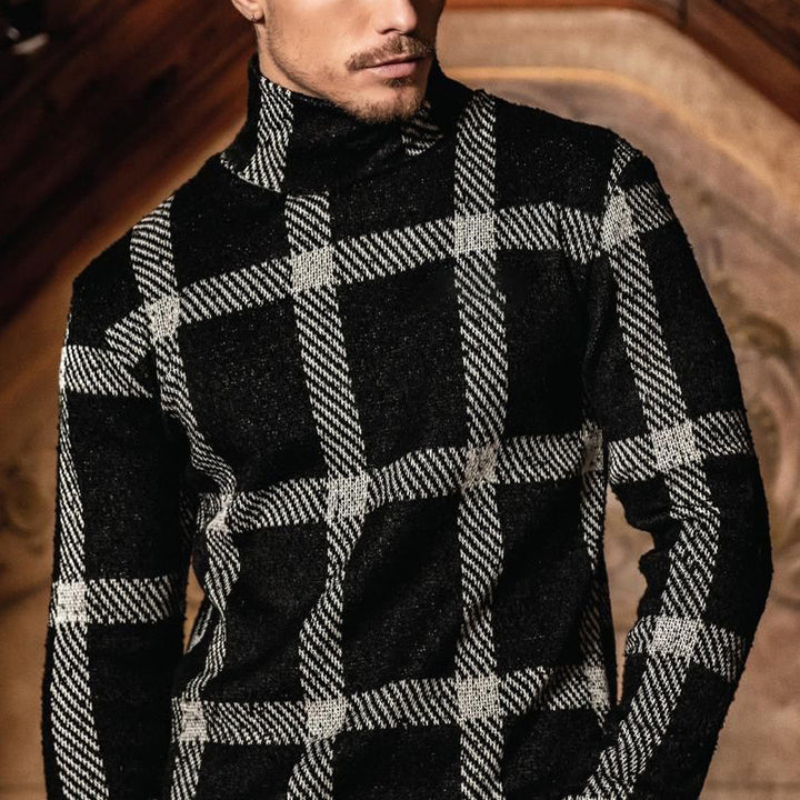 Men's Coarse Knitted Turtleneck Sweater with Distinctive Check Pattern Mune Fashion