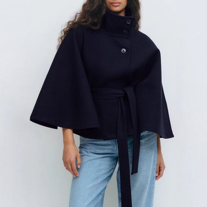 Women's oversized wool cape coat with stand-up collar and tie belt Mune Fashion