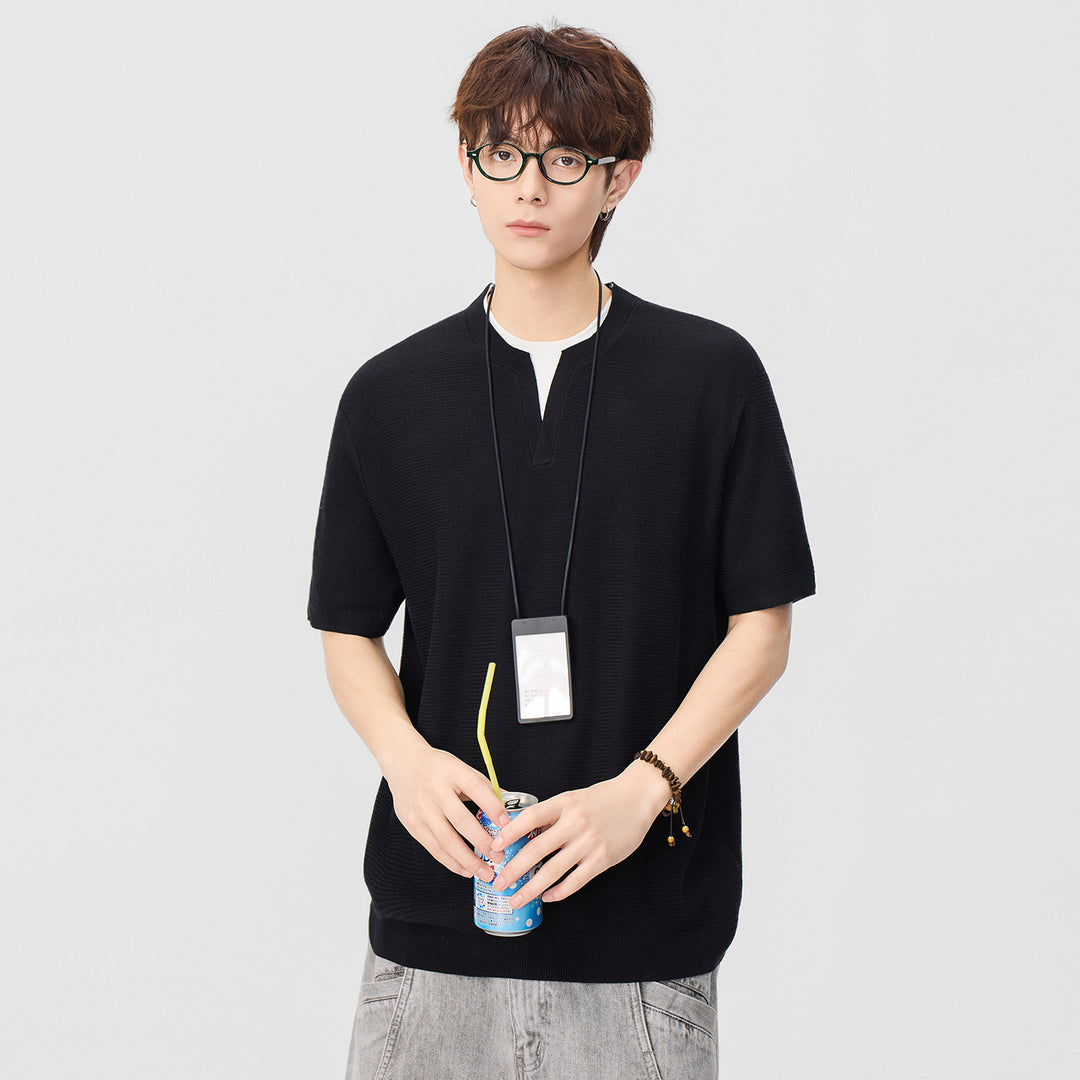 Herren Kurzarm-Strickshirt mit strukturierter Waffeloptik und V-Notch-Kragen Mune Fashion