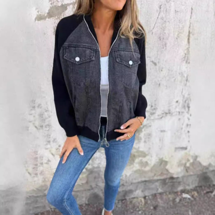 Women's Sweat-Jeans-Bomber Jacket with Raglan Sleeves, Breast Pockets, and Zipper Mune Fashion