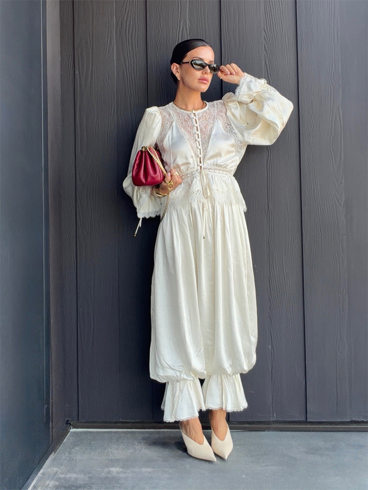 Women's One-Piece Satin Jumpsuit with Lace Yoke, Puff Sleeves and Voluminous Harem Pants Mune Fashion