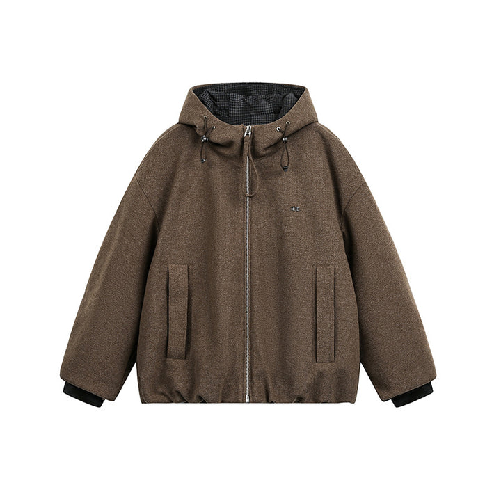 Men's Loose-Fitting Padded Wool Blend Hooded Jacket with Zip and Drawstring Mune Fashion