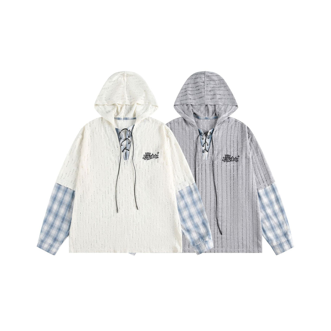 Unisex Casual Hoodie in Layering Look with Lace-Up V-Neck Mune Fashion